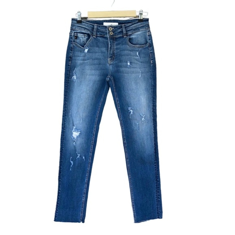 Kancan Style KC8448M Distressed Ripped Raw Hem Mid Rise Medium Wash jeans 26